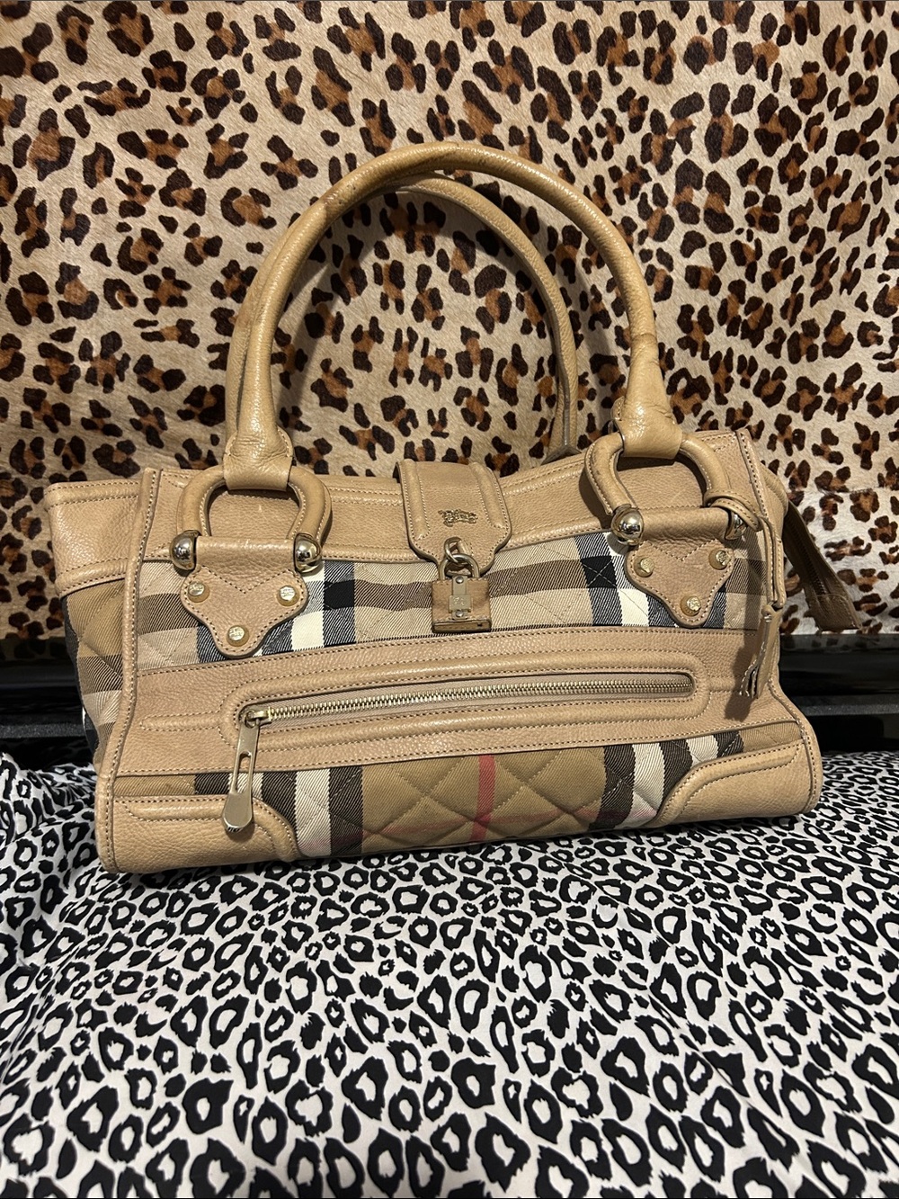 Classic Beige Check Shoulder Bag with Leather Trim